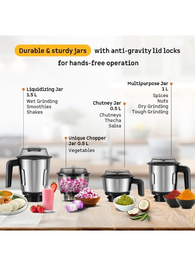 Atomberg Yulia 750 Watt Mixer Grinder | 4 Multipurpose Jars including Chopper Jar | Coarse Mode for Silbatta-like Textures | Powerful Intelligent Motor | Advanced Safety Features | Snow White - Image 2